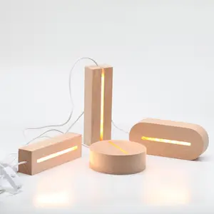 3D Wooden Illusions Lamp LED Table Lamp Round Oval Rectangular Shape Wood Base Beech Acrylic Plate Board LED Night Light