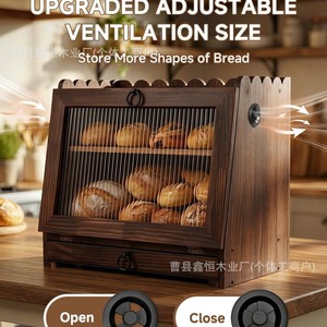 Retro Solid Wood Bread Storage <b>Box</b> With <b>Acrylic</b> Door Kitchen Countertop Pastry And Ingredient Organizer - Product Image 3