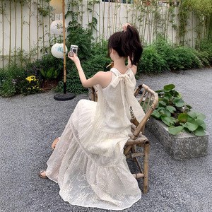Halter Neck Long Dress Apricot Polyester Empire Waist Wrap And Tie Beach Vacation Tea Break Style - Product Image 1