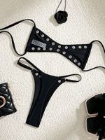Set Baju Renang Wanita Dua Potong Model Eyelet Polos High Cut Thong Bikini Ukuran S-XL