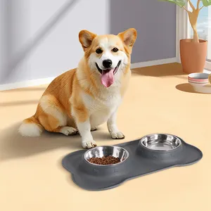 Wellfine Dog Bowls Large Stainless Steel Water and Food Bowl Double Portable Pet Dog Water Dog Supply Silicone Pet Bowl Mat