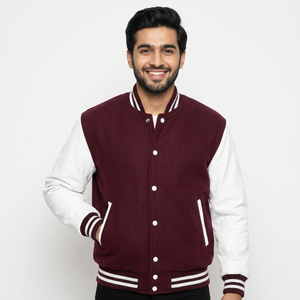 Men's Soft Wool <b>Leather</b> Varsity Jacket Stylish <b>High</b> Street Style Stand Collar Comfortable CollegeBaseballjacket for men - Product Image 1
