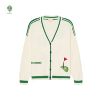 Cardigan en tricot jacquard 100 % coton pour femme, col en V, manches longues, style décontracté, personnalisable avec logo, idéal pour le tennis, le golf et le style universitaire.