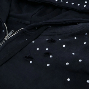 Sudadera con capucha para hombre de algodón rasgado con pedrería personalizada, con cremallera, estilo vintage desgastado y lavado ácido - Product Image 4