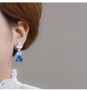 S925 Silver Needle <b>Spray</b> Paint Gradient Blue <b>pink</b> Color Flower Tassel Earrings With Diamond Earrings - Product Image 2