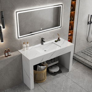 Meuble de salle de bain luxueux gris clair, armoire à miroir intelligente, lavabo blanc, comptoir en marbre autoportant - Product Image 4