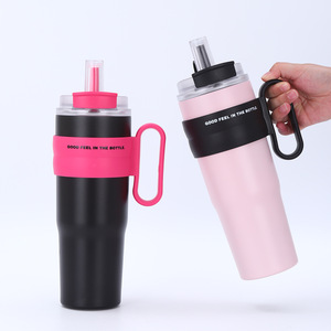 Stainless Steel Insulated <b>Mug</b> With Handle 304 <b>Large</b> Capacity Double Straw Travel Drink Bottle Outdoor Portable Cup - Product Image 2