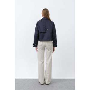 Trench-coat court pour femme, bleu marine, utilitaire, manches longues, tissé, automne, confortable - Product Image 1