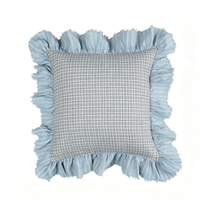 Französischer Landhausstil Zweifarbiger Gingham-Kissenbezug mit Rüschenrand 18x18 Zoll Natürliche Baumwolle Leinen Quadratischer Dekorativer Kissenbezug