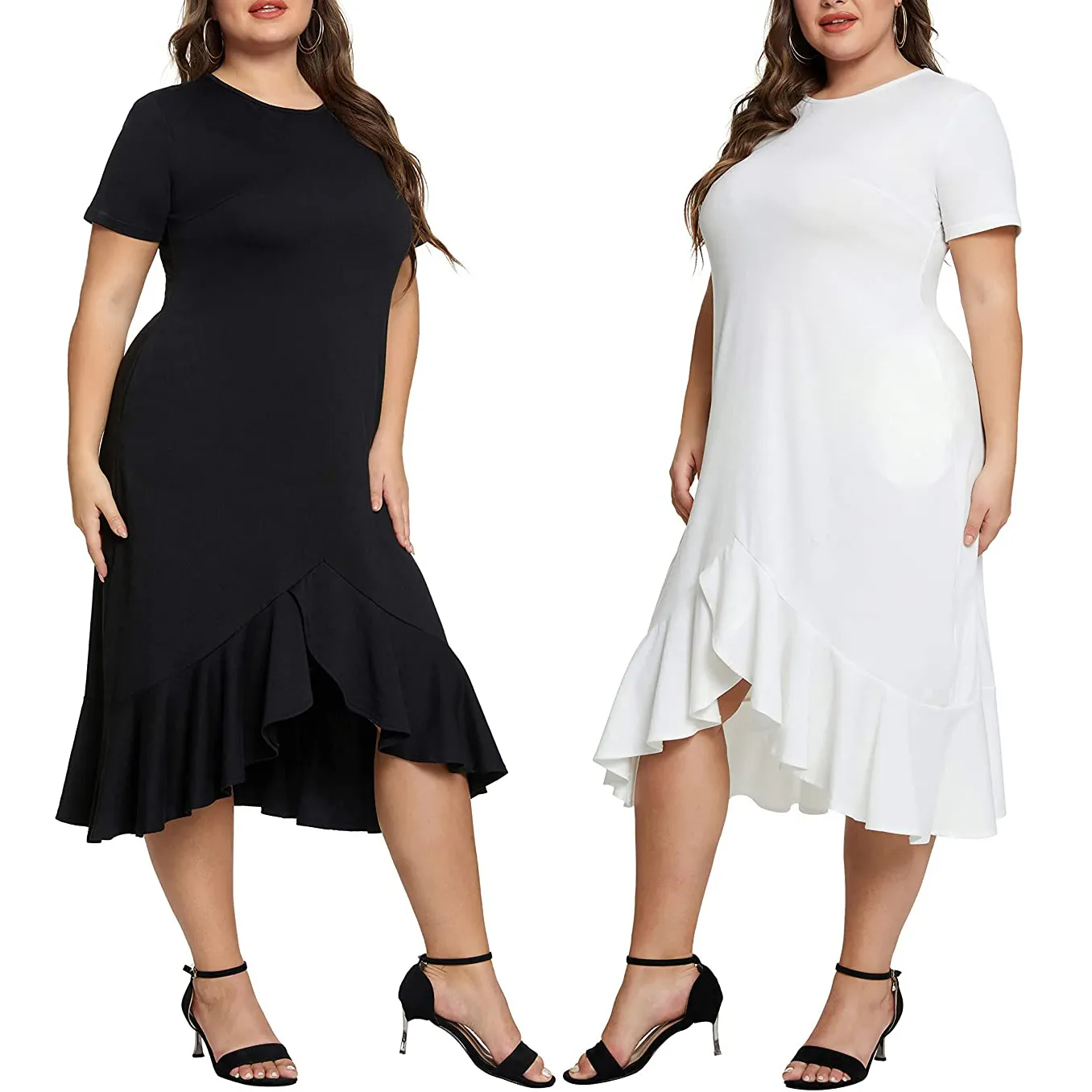 Plus Size Women Clothing Classic T Shirt Summer Short Sleeve White Office Wear Work Elegant Casual Midi Party Dress For Fat Lady