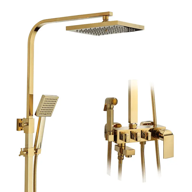 High quality hot and cold four speed function square constant temperature shower gold bathroom faucet set rain shower