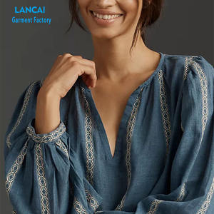 Logo personnalisé rayonne tissu lignes de broderie femmes chemise surdimensionnée décontracté chemises à manches longues - Product Image 4