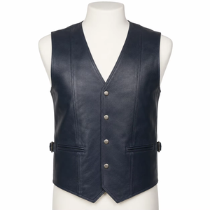 <b>Men's</b> Plus Size Navy Blue V-Neck Leather Look Windproof Cotton Filled <b>Vest</b> Single Breasted Button Closure Outdoor Outerwear - Product Image 2