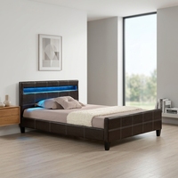 Luxuriöses Doppelbett mit Polsterung, Minimalistisches Schlafzimmerbett, Maßgefertigtes PU-Lederbett mit LED-Beleuchtung und Matratzenaufbewahrung