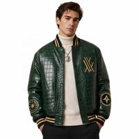 Veste universitaire en cuir pour homme, OEM, vert brillant, col côtelé, broderie chenille, personnalisée, en peau de mouton gaufrée façon croco