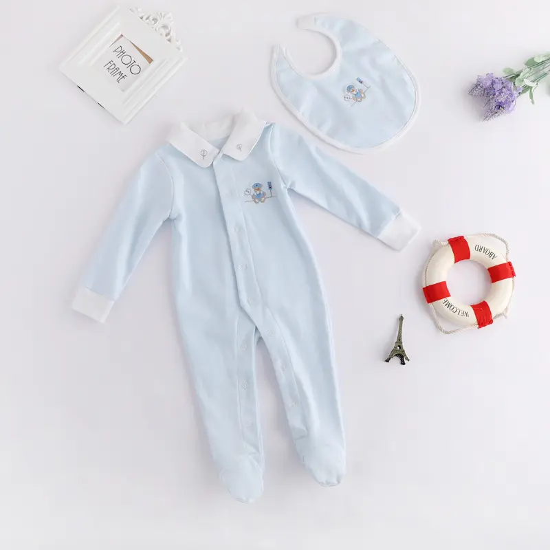 Großhandel Baby kleidung Frühling Herbst Gestrickt Langarm Bodysuit Bestickt Säugling Stram pler Jumps uit Mit Baby Lätzchen