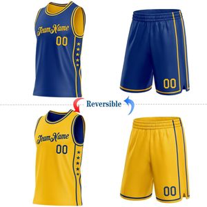 Conjunto de camiseta de baloncesto reversible personalizada, uniformes de equipo transpirables sublimados unisex para adultos con nombre y número, cuello redondo de 340 g/m² - Product Image 3