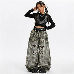 Set Pakaian Streetwear Anak Perempuan, Atasan Crop Top Vest dan Celana <span class=keywords><strong>Jeans</strong></span> Kaki Lebar, Outfit Hip Hop untuk Anak-anak, Dapat Dikustomisasi (OEM) - Product Image 4