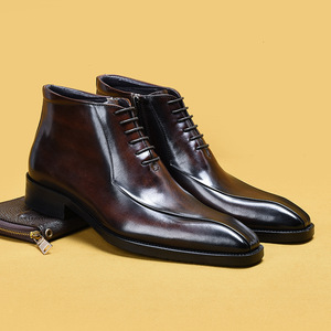 Men's Genuine Leather Ankle <b>Boots</b> Pointed Toe Lace-up Solid Color Rubber Outsole All Seasons Wholesale - Product Image 3