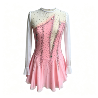 Robe de patinage et de danse rose et blanche pour enfants et adultes, à manches longues en maille, dos découpé avec strass, jupe à volants, pour compétition et spectacle de patinage sur glace