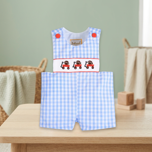 BABEENI Hand Smocked Ball Trolley Unisex 100% Cotton Romper Snap Button Closure Red Gingham Fabric CPSIA/OEKO-<b>TEX</b> Certified ODM - Product Image 3