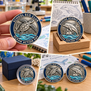 Pièces de monnaie personnalisées pour événements scolaires avec motifs en relief tortue et dauphin pour les clubs écologiques et les cadeaux de la Journée des sciences marines OEM ODM - Product Image 2
