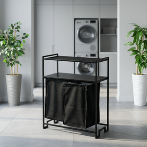 Panier à linge double niveau en métal avec 2 sacs, support de tri non pliable, organisateur de salle de bain moderne - Product Image 5