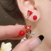 Anting-anting berlian imitasi untuk wanita, anting-anting motif bunga mawar merah elegan modis, perhiasan telinga trendi untuk wanita