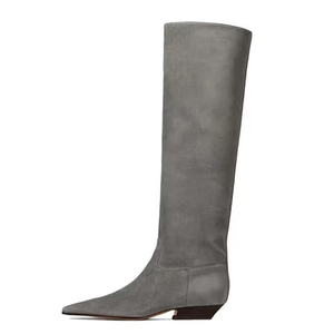 Size 44 Stone Prints Women Knee High Boots Low Chunky Heels Suede Shoes on Wide Fit Pointed Toe <b>Long</b> Boots - Product Image 4