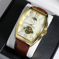 Jam Tangan Pria SEWOR M186 Mewah Baru Manual Mekanik Tourbillon Tonneau Kristal Safir Dial Fase Bulan Analog Kulit Paduan Logam