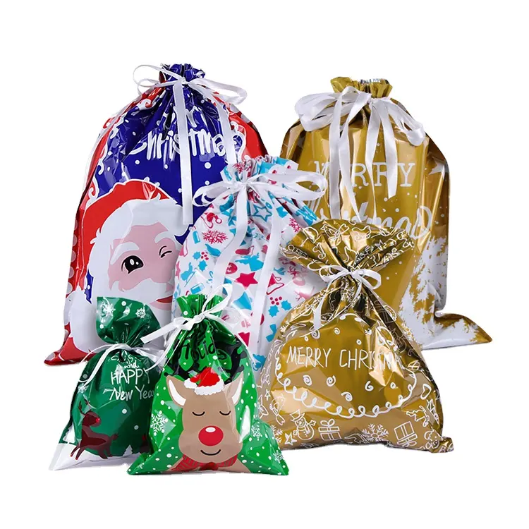 サンタカスタムプラスチックギフトバッグパッケージビスケット巾着キャンディーバッグメリークリスマス新年パーティーの記念品バッグ