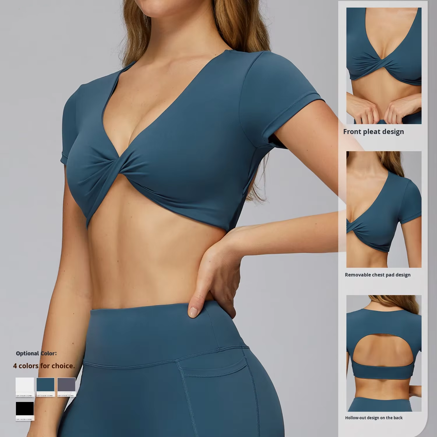 Women's Yoga Top Short-Sleeve V-Neck Hollow-Out Backless Tight-Fitting T-Shirt for Running Sports Fitness