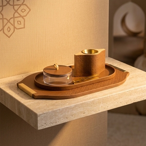 Novo Conjunto de Bandejas em Couro Sintético Marrom com Alça Dourada, Queimador de Bakhoor, Tampa de Vidro, Frasco de Oud, para Mesa Majlis, Decoração de Casa para o Ramadã, para GCC - Product Image 1