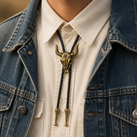 Ensemble de 2 cravates bolo vintage style western, pendentifs en alliage de zinc avec crâne de taureau et plume de chapeau de cowboy, avec cordons réglables en cuir PU