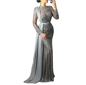 Gray Color High Neck long Mermaid Long Party Gowns For Women dress Lace slim bridesmaid see-through evening dresses