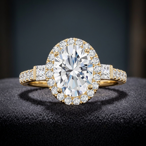 Lab Grown Oval Cut Diamond Halo Engagement <b>Ring</b> Princess And Round Side <b>Stone</b> Pave <b>Ring</b> 10K 14K 18K Gold 925 935 <b>Silver</b> - Product Image 1