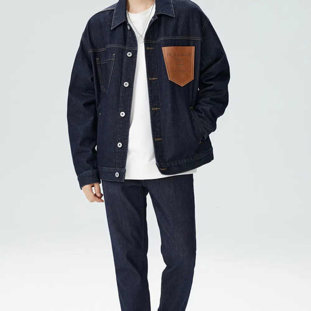 Custom streetwear regular dark blue washed denim jacket unisex PU leather pocket men's coat outerwear