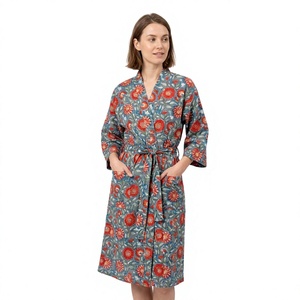 Robe de nuit tendance en pur coton pour femme, sexy et élégante, imprimée à la main, motif floral, col en V, taille élastique, design indien, robe longue - Product Image 1