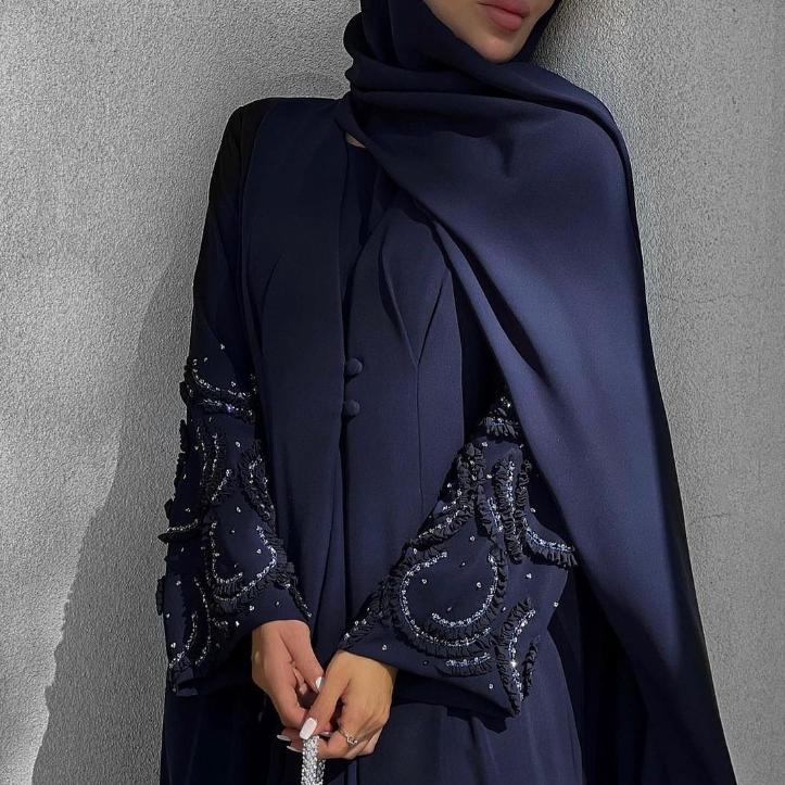 Produk buatan tangan biru laut penjualan terbaik gaun Muslim wanita Abaya Arab Dubai mantel Kimono Lebaran