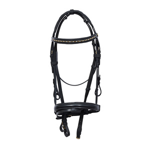 Double bride en cuir noir serre-tête rembourrée ergonomique clé grecque cristal bandeau pour compétition cheval bride licou rêne - Product Image 1