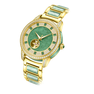 Montre analogique pour couple avec cadran en jade creux, bracelet en acier inoxydable, étanche, design mécanique, largeur de bracelet 22 mm - Product Image 4