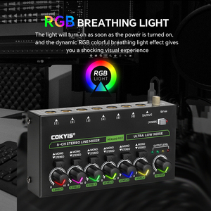 COKYIS MIX600-PRO Mixeur professionnel 6 canaux Mini mixeur avec lumière RGB Commutateur stéréo mono pour scène <span class=keywords><strong>Studio</strong></span> d'enregistrement - Product Image 5