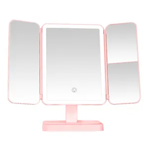 للبيع بالجملة من المصنع مرآة مكتب مستطيلة بيضاء قابلة للطي 360 درجة مرآة طاولة ثلاثية الطي بإضاءة led