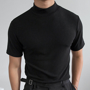 Camiseta de Cuello Alto Simulado para Hombre, Manga Corta, Cuello Medio, Tejida, Color Sólido, Uso Diario Informal - Product Image 1