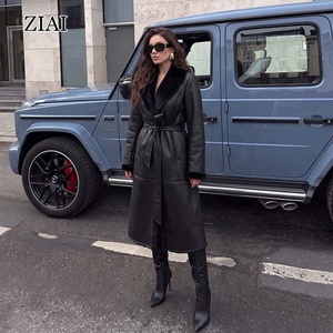 Elegante <span class=keywords><strong>Cappotto</strong></span> Reversibile in Pelle e Pelliccia per Donna |   Giacca Lunga Nera con Cintura e Collo in Pelliccia, Elegante Capospalla Caldo per l'Inverno - Product Image 5