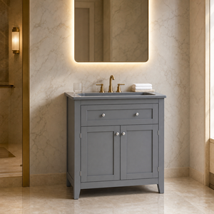 Meuble-lavabo carré gris moderne avec vasque en céramique et miroir LED, 48 pouces, meuble sur pied en bois massif peint avec tiroir - Product Image 1