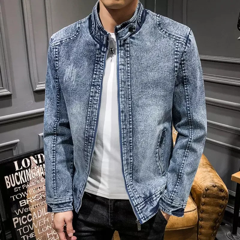 2023 Men Spring Retro Solid Color Zipper Denim Jackets Fashion Men's Stand Collar Casual Outwear Youth Cowboy Coat Tops Jacket