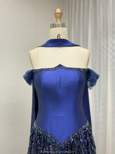MY30201 di lusso di cristallo di perline elegante blu abito da sera con sciarpa arabica abito da sposa per sposa spazza abito da sera - Product Image 4