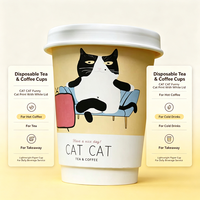Doppelwandige Einweg-Kaffeebecher aus Papier mit weißen Deckeln, lustiger Sofa-Katzen-Cartoon-Druck, isolierte Papierbecher mit individuellem Logo