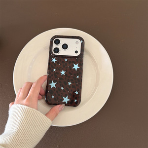 Coque de téléphone double couche imprimé léopard marron ambre et étoiles bleues, Housse tendance pour iPhone 17 Pro Max 16 15 14 - Product Image 1
